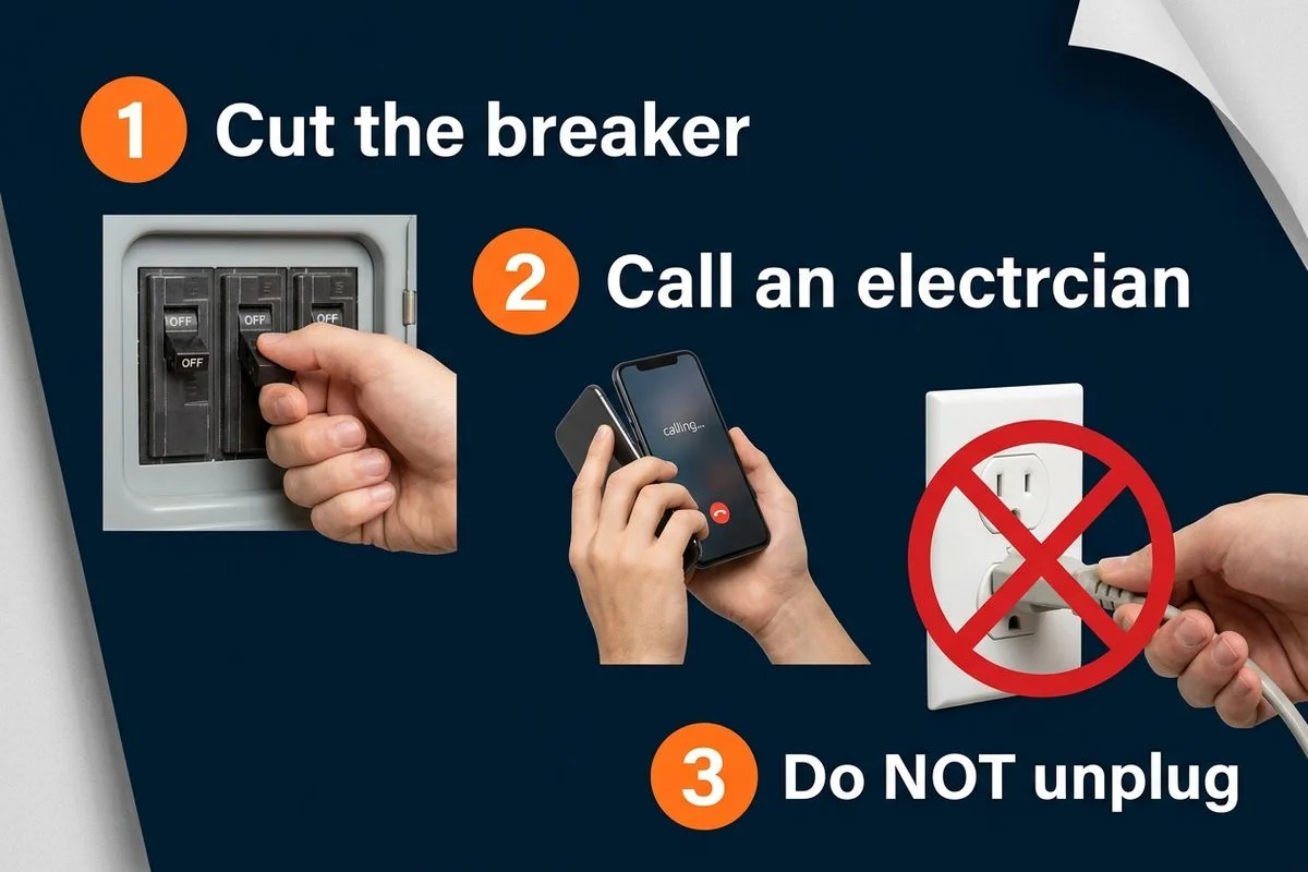 3-step action graphic: cut breaker → call → don't unplug