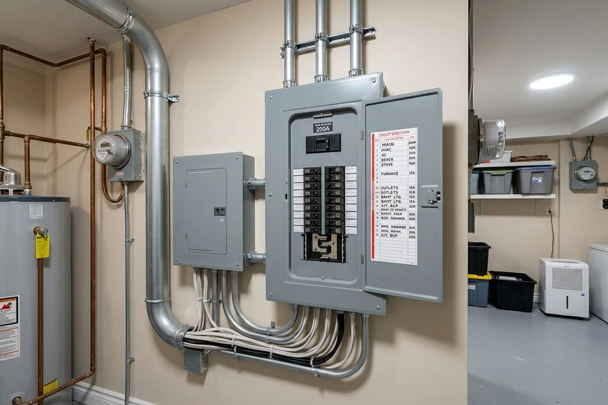 After photo: modern 200A breaker panel installed in same location