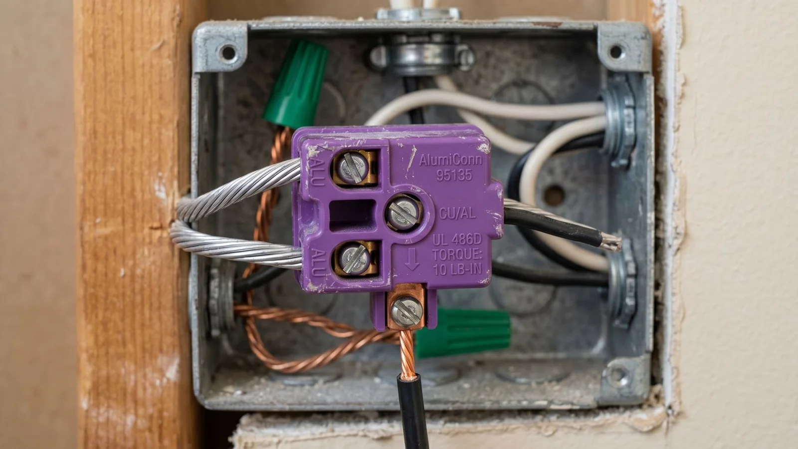 AlumiConn purple connector with copper pigtail and aluminum conductor inside outlet box, technical photo