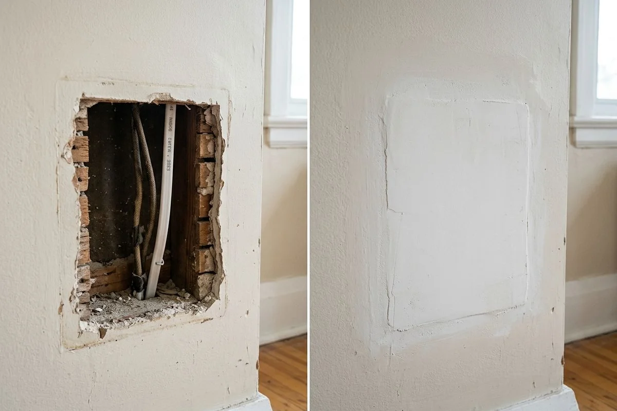 Before and after of access cut: cleanly patched, ready for paint