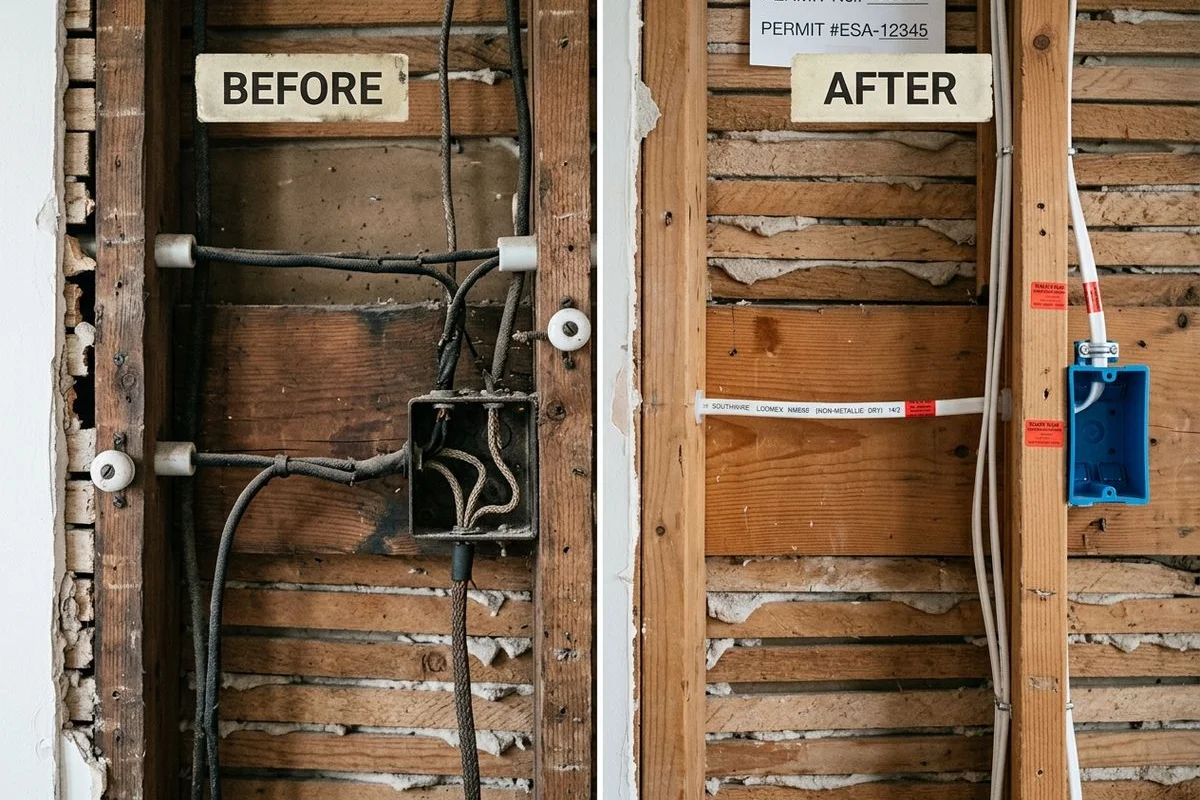 Before-and-after wall section: original K&T cleaned out, new Loomex ready for inspection