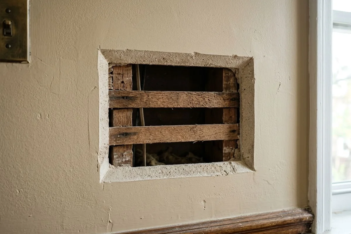 Close-up of clean access cut in plaster lath wall, ready for patching, no trim damage