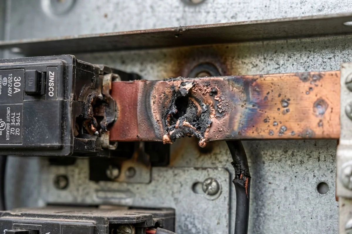 Close-up of damaged Zinsco bus bar with visible arc damage, technical photo