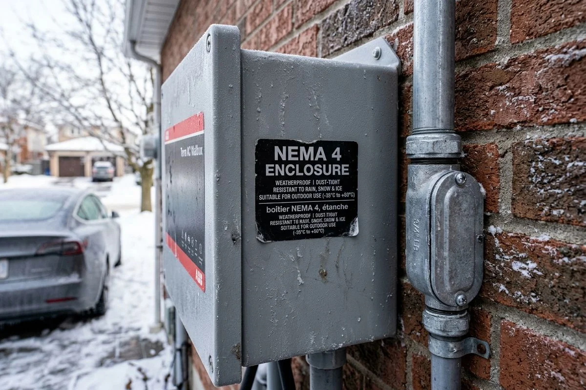 Close-up of NEMA-4 enclosure rating label and weatherproof conduit fittings