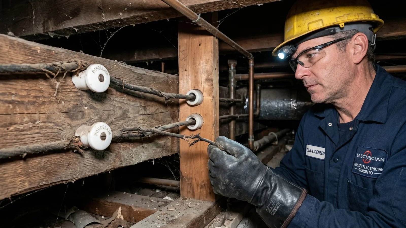 Close-up of original knob-and-tube wiring with porcelain knobs in Toronto basement joist bay