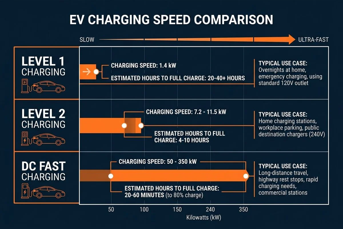 Comparison chart: Level 1 / Level 2 / DC Fast — kW, hours-to-full, typical use case