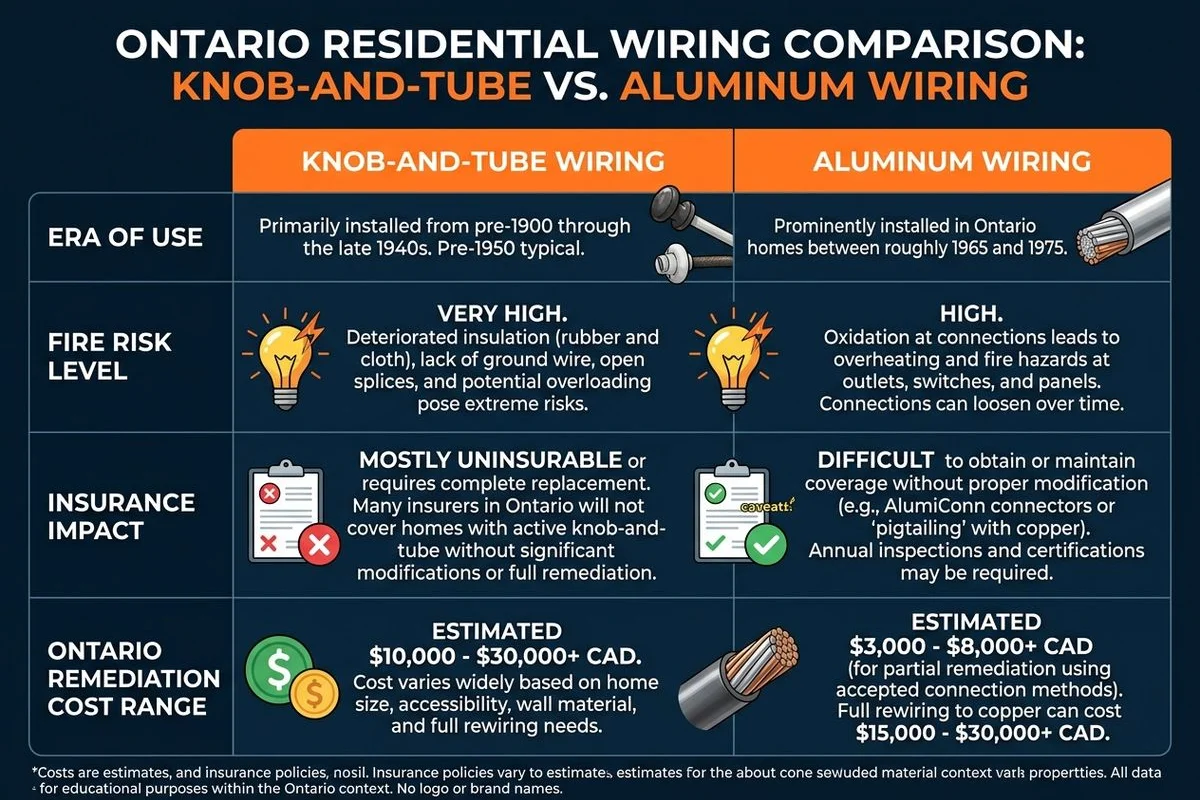 Comparison table graphic: K&T vs aluminum on era, fire risk, insurance, cost