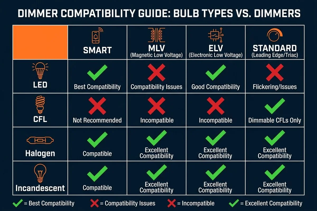 Compatibility chart: bulb type vs dimmer type
