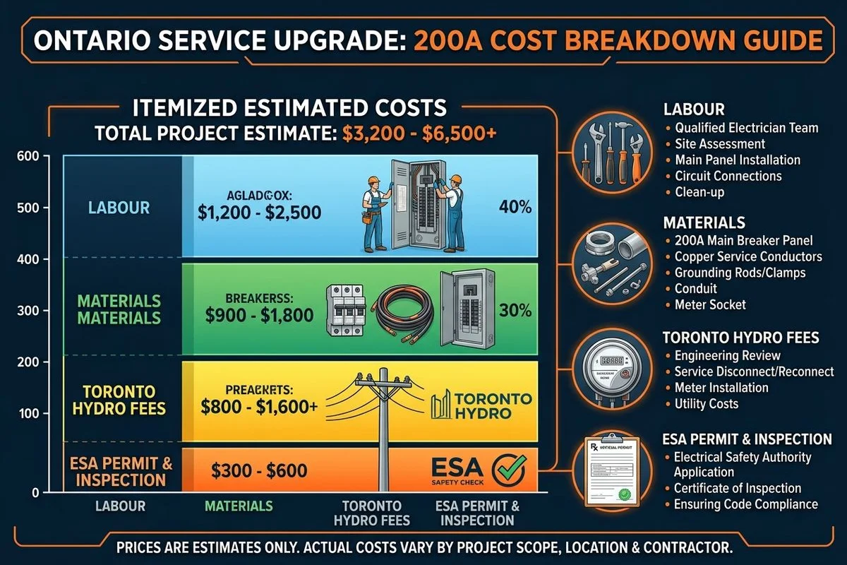 Cost breakdown infographic: labour / materials / permit / Hydro fees