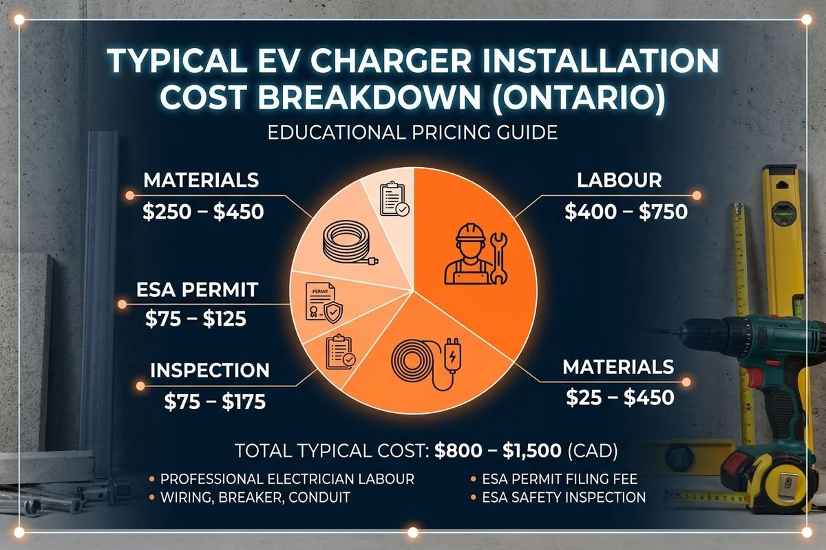 Cost breakdown infographic: typical install $1,200 = labour, materials, permit, inspection