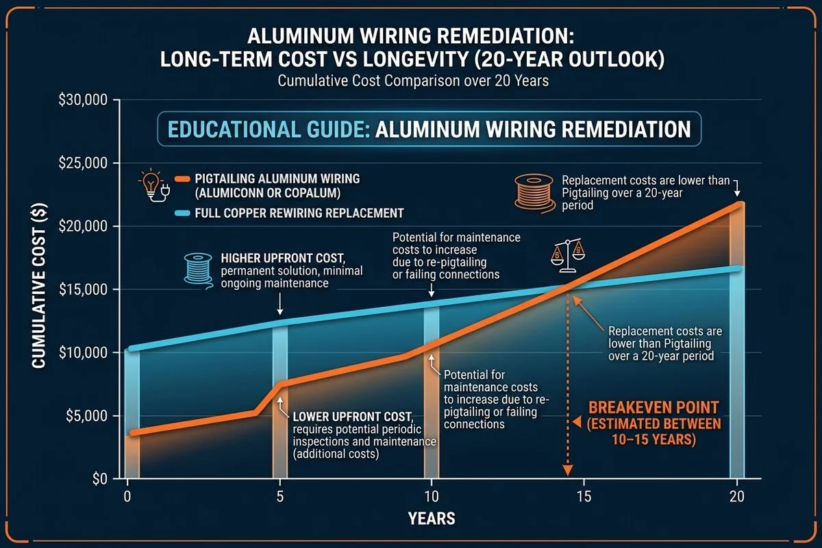 Cost-vs-longevity chart showing pigtailing vs full replacement tradeoff