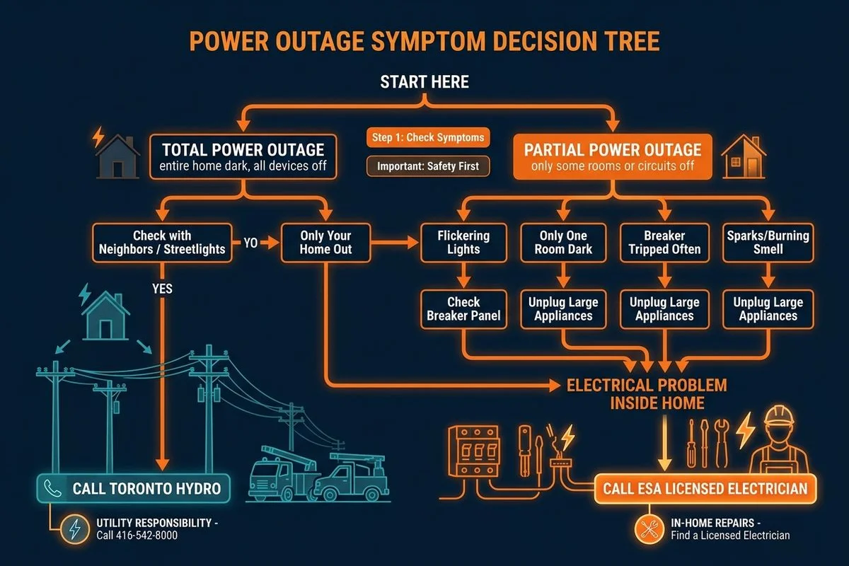 Decision tree graphic: outage symptoms → call Hydro vs call electrician