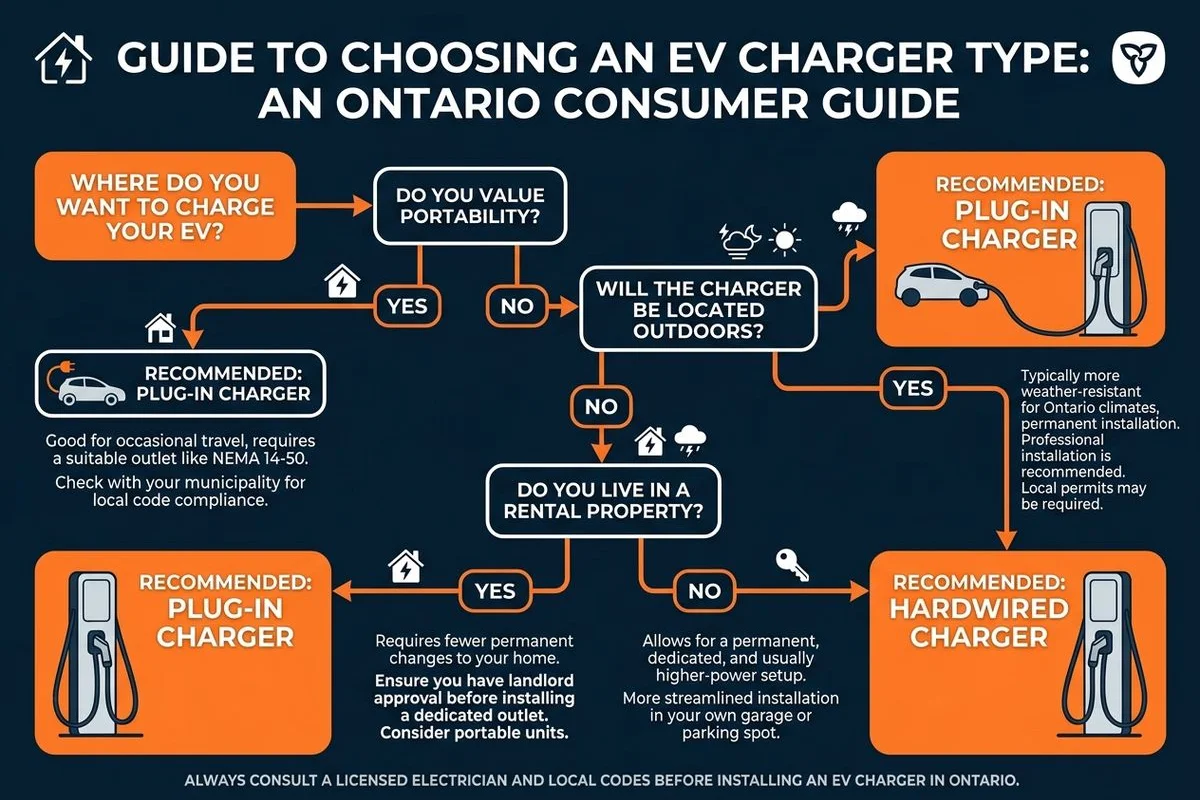 Decision tree graphic: portable need? outdoor? renting? → hardwired or plug-in