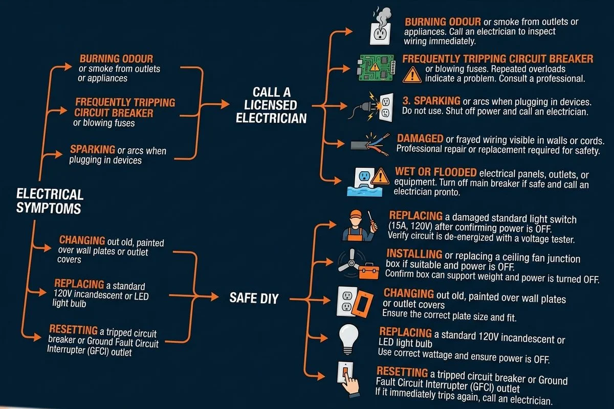 Decision-tree infographic: symptom on left → call vs DIY recommendation on right