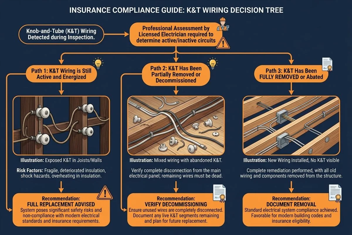 Decision tree: K&T detected → active? → partial vs full replacement path