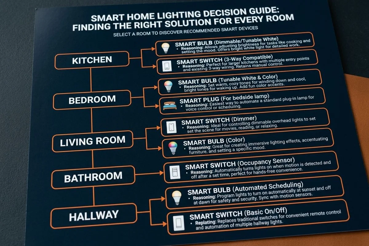 Decision tree: room type → switch vs bulb recommendation