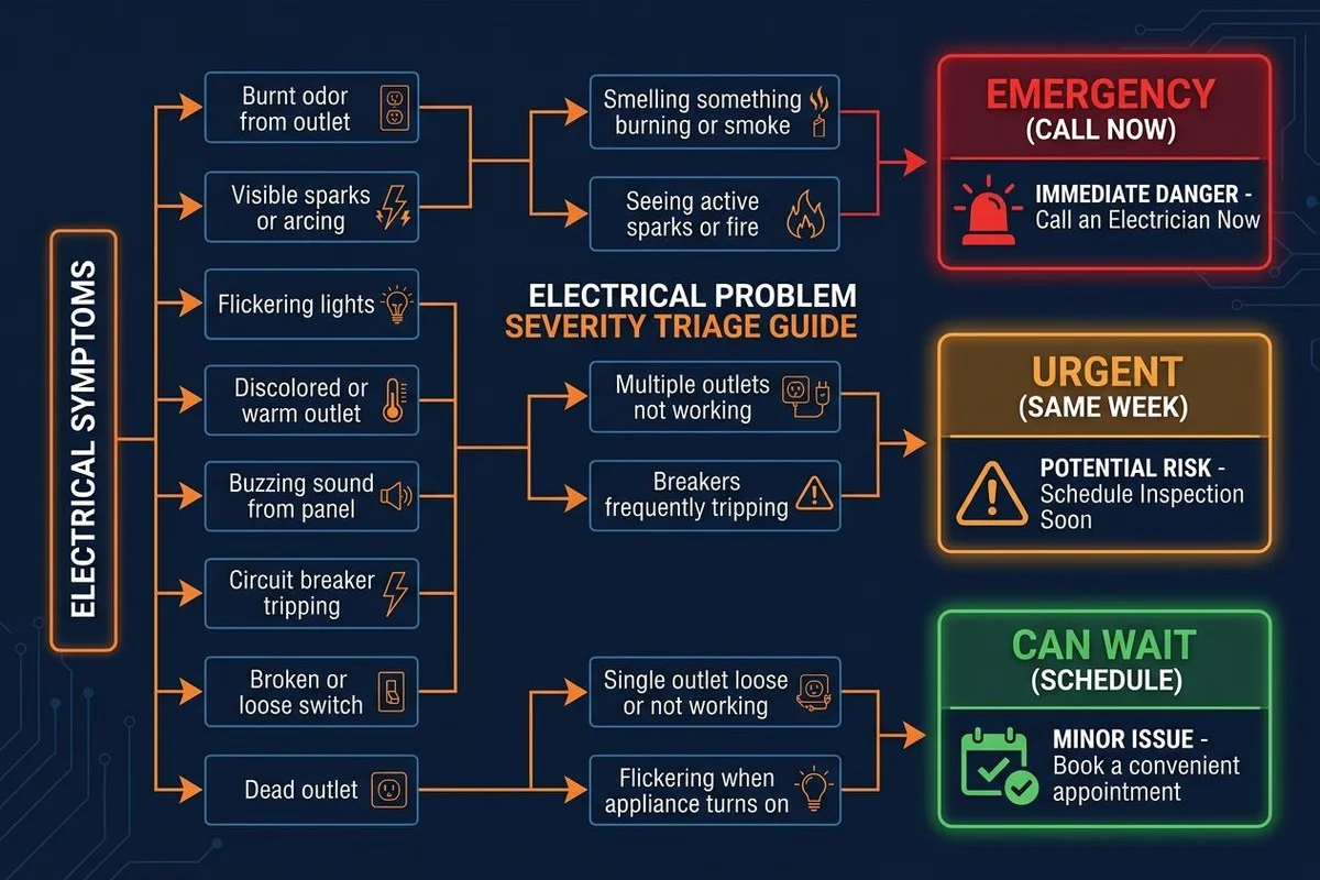 Decision tree: symptom → emergency / urgent / can wait