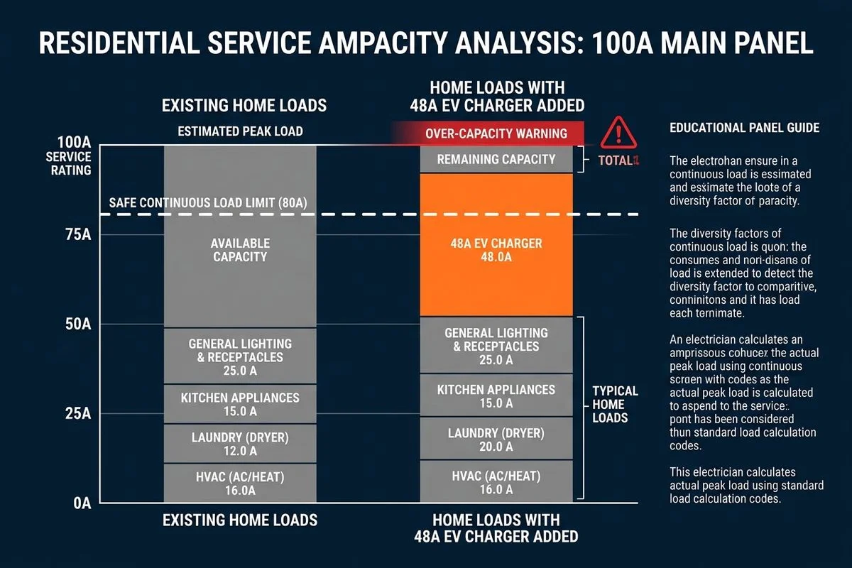 Diagram: 100A panel with EV load added, showing remaining capacity bar