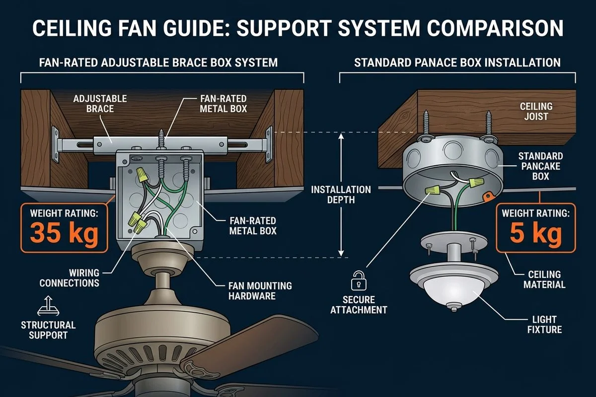 Diagram: fan-rated brace box vs standard pancake box, weight ratings labelled