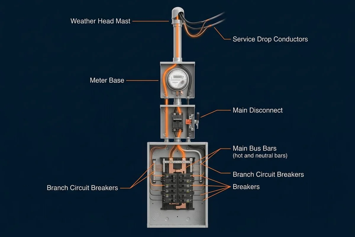 Diagram: service entrance components labelled (mast, meter, main, bus, branches)