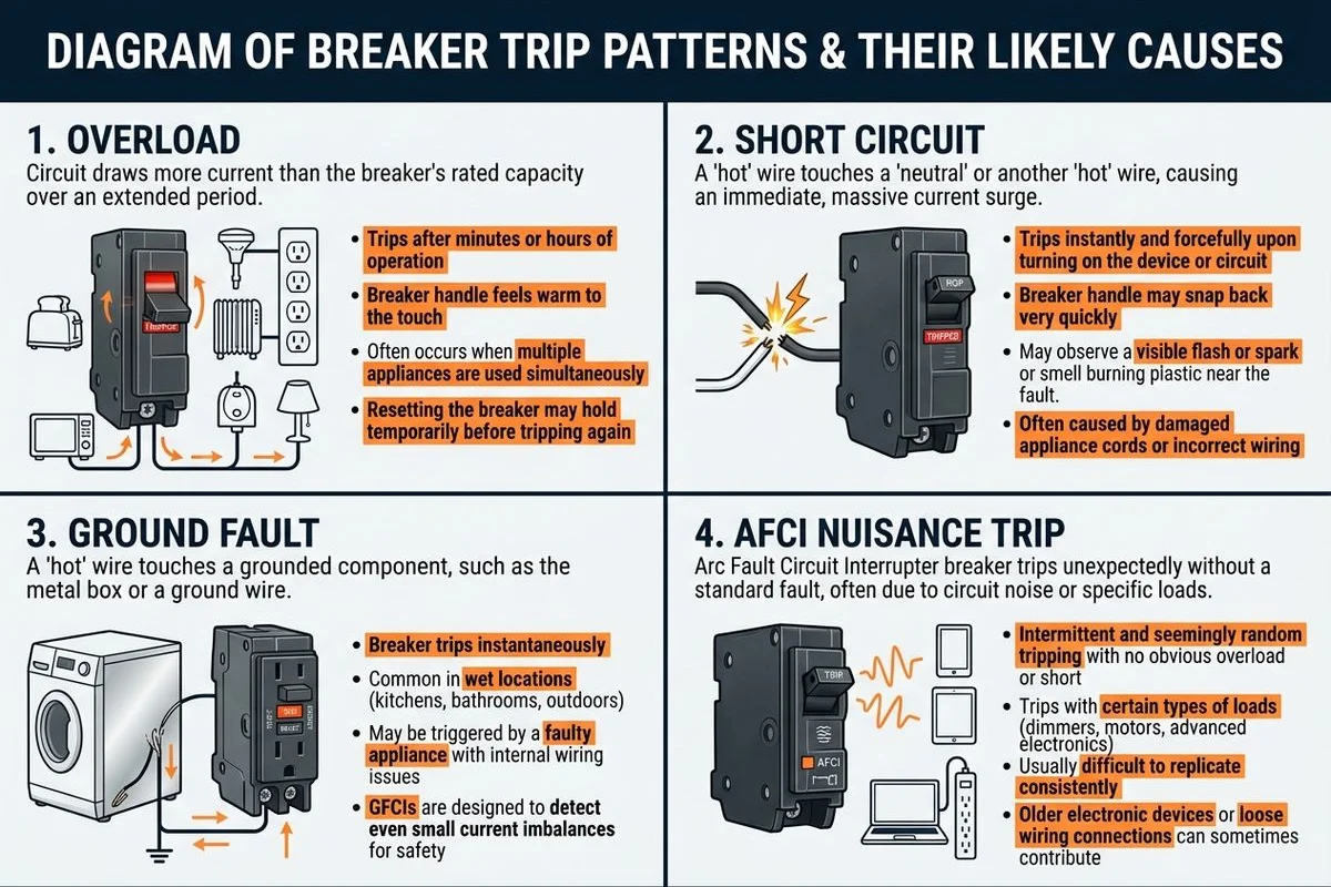 Diagram: trip pattern → likely cause (overload / short / ground fault / AFCI nuisance)