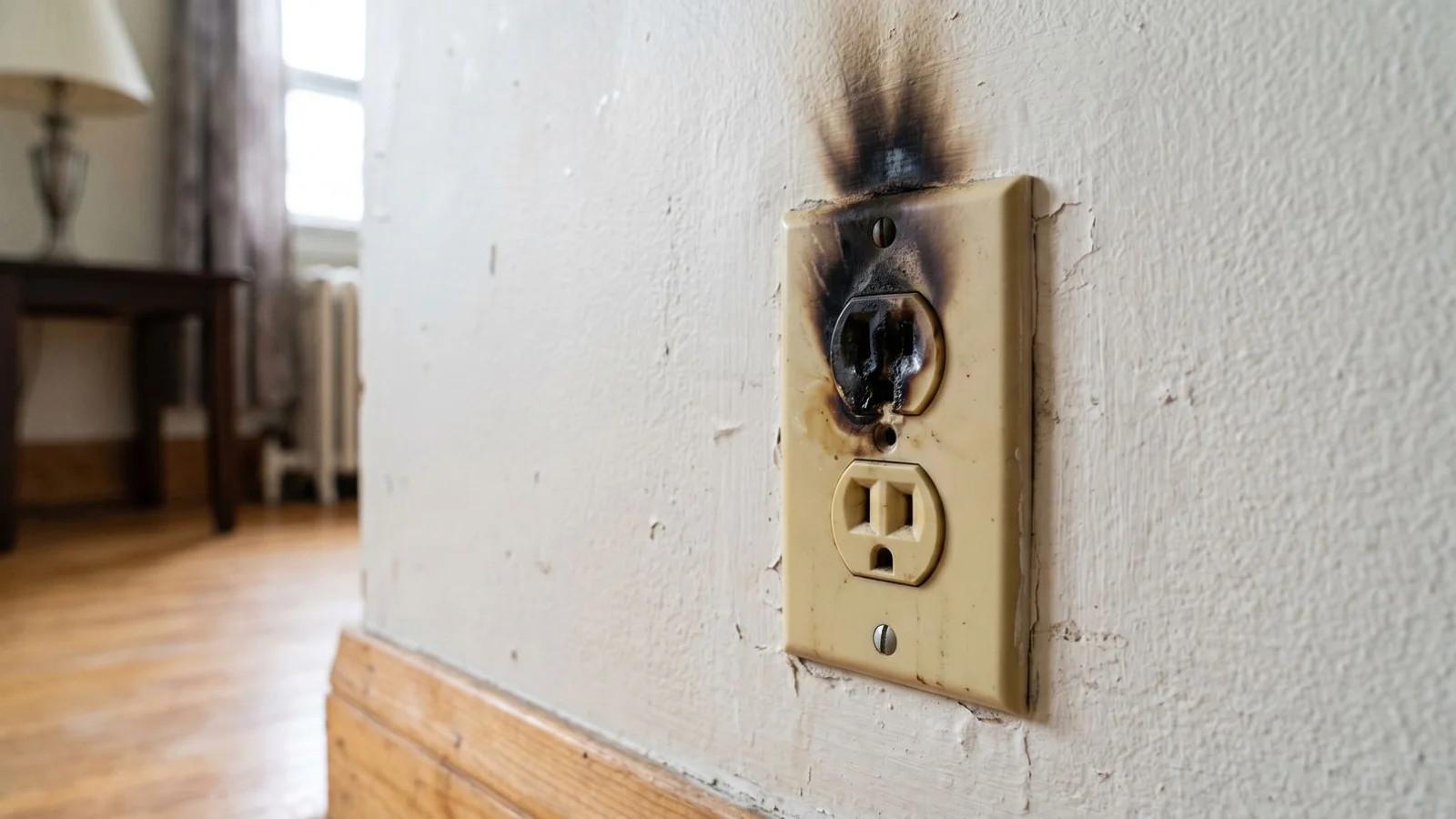 Discoloured outlet face plate with visible scorch mark, close-up Toronto residential