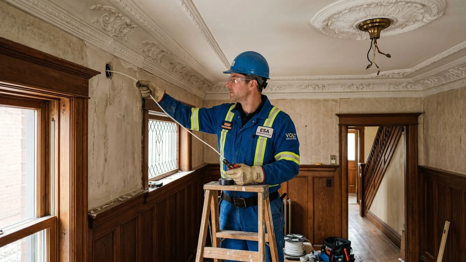 Edwardian Toronto Annex home interior with original mouldings, electrician carefully working around them