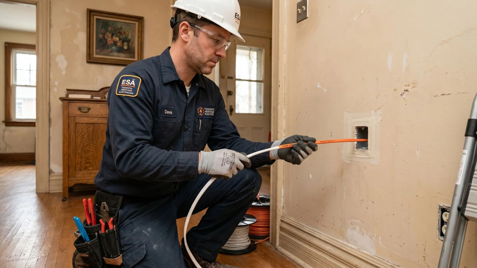 Electrician fishing new wire through finished plaster wall using minimal-cut technique, Toronto interior