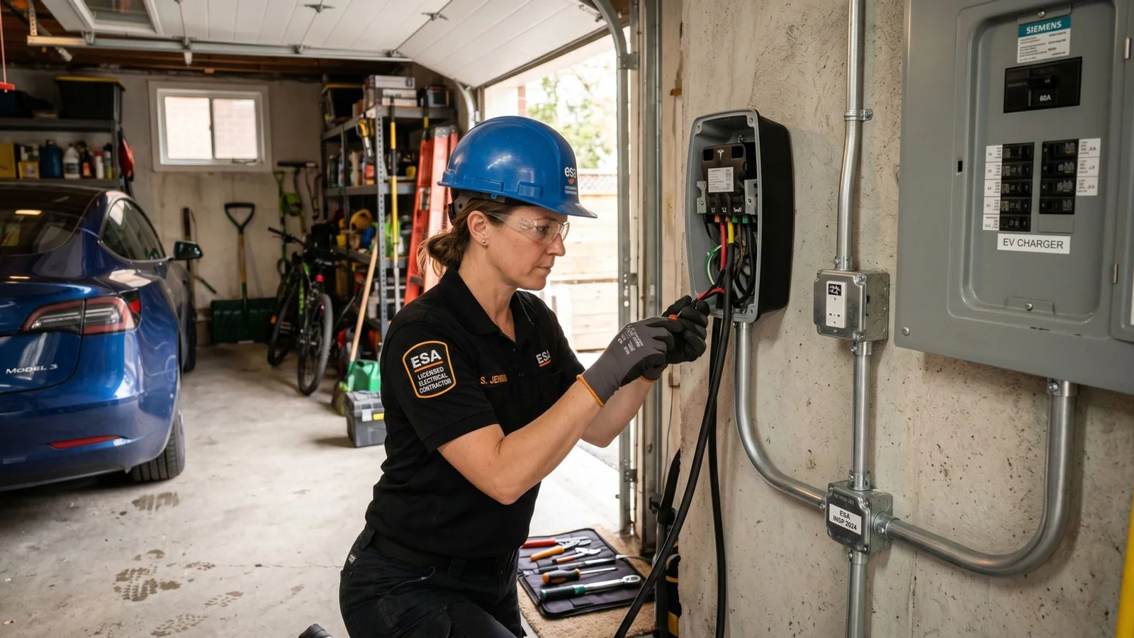Electrician hardwiring Tesla Wall Connector to garage wall, in-progress shot, professional