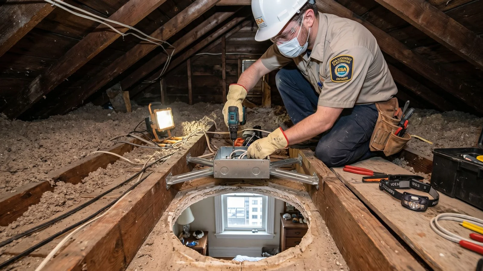 Electrician installing fan-rated brace box from attic above Toronto bedroom ceiling