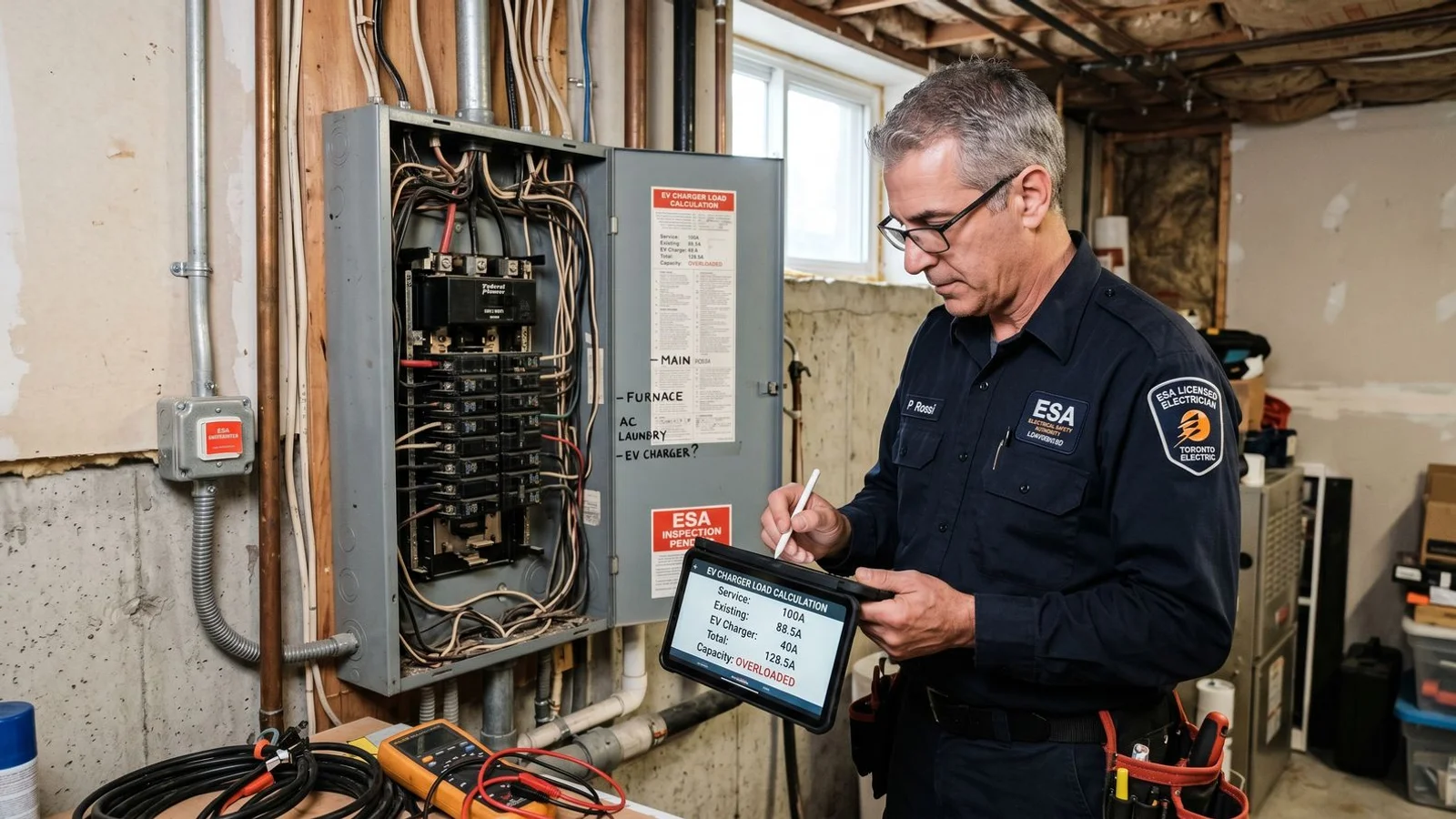 Electrician using a load-calculation tablet next to an open Toronto residential panel