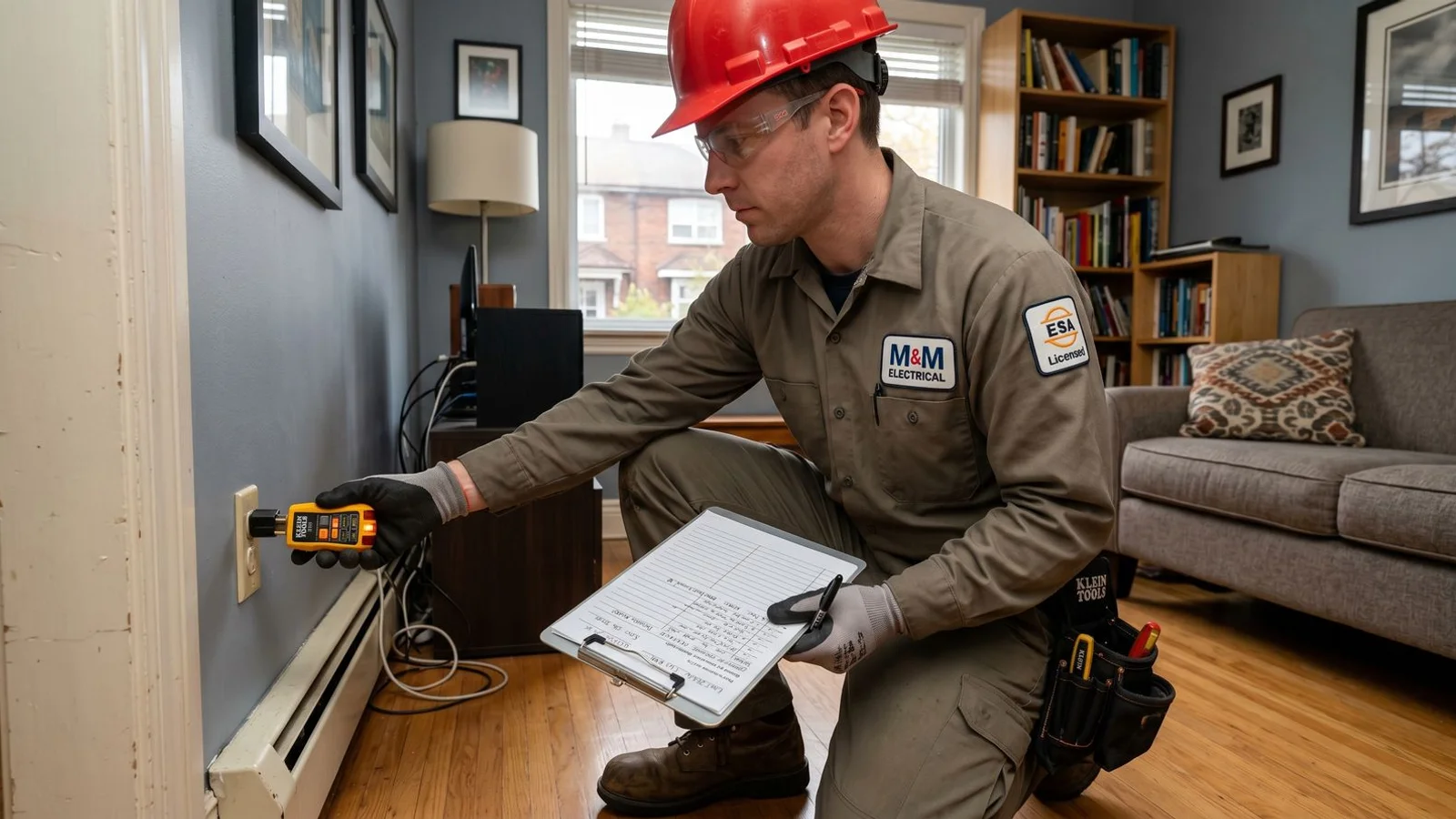 Electrician with inspection clipboard checking outlets methodically in Toronto living room