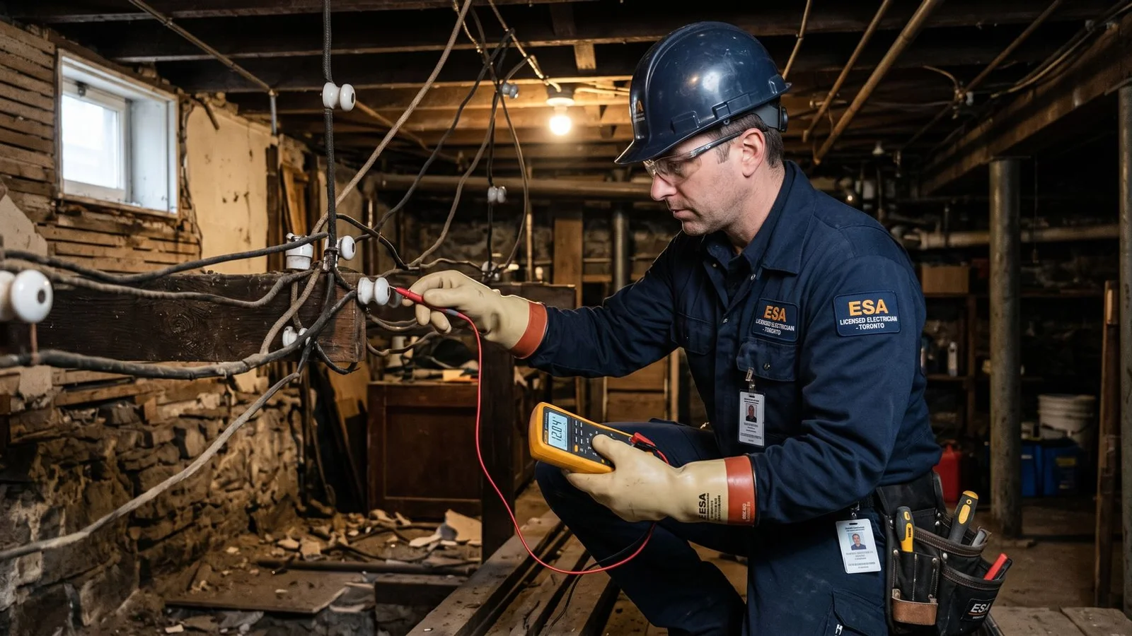 Electrician with multimeter checking which K&T circuits are still energized in Toronto basement