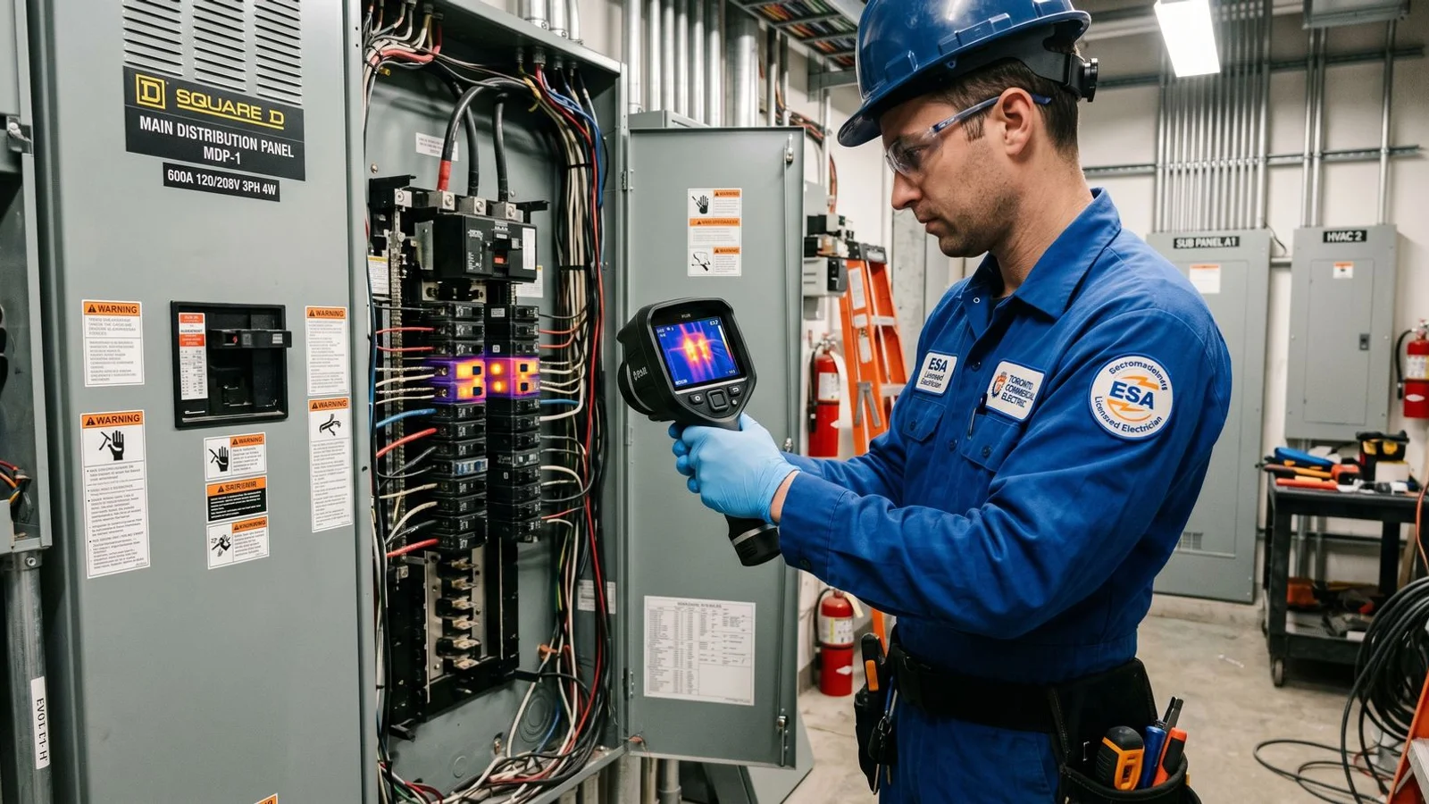 Electrician with thermal imaging camera scanning Toronto commercial panel during PM visit