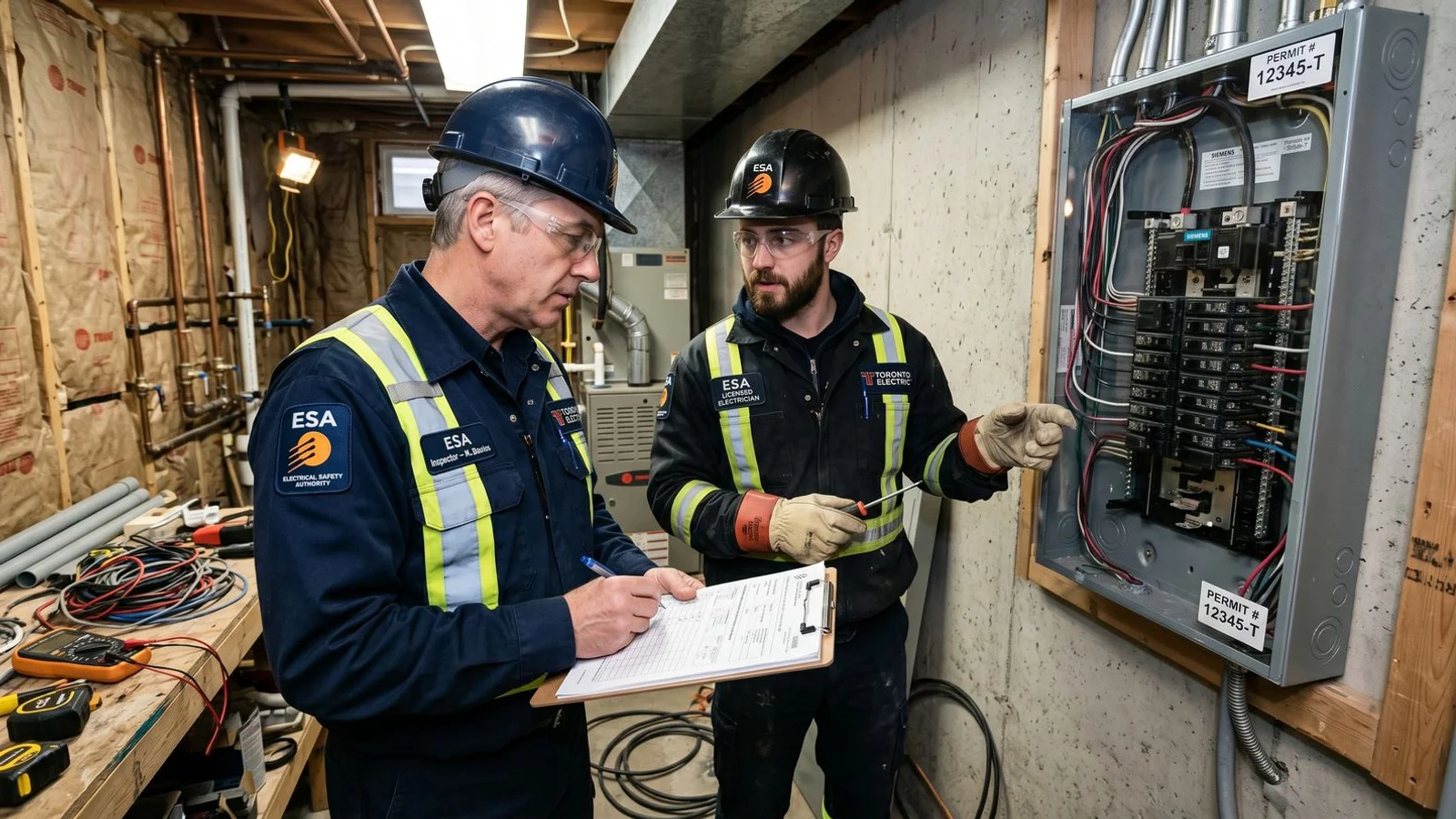 ESA inspector reviewing panel work with electrician on Toronto residential job site