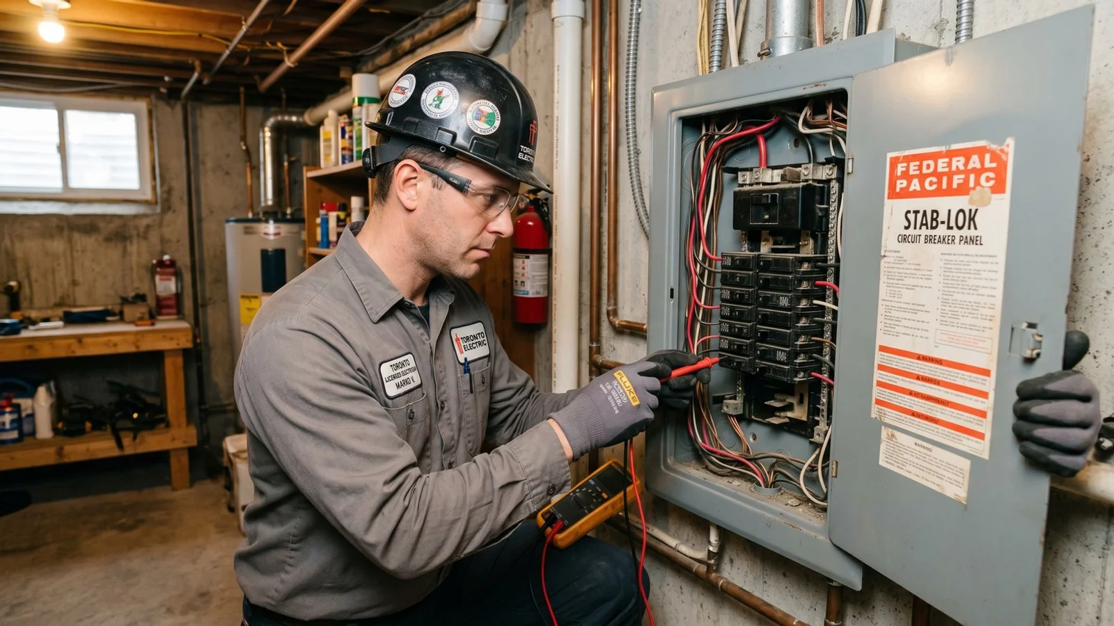 Federal Pacific Stab-Lok panel with door open, labels visible, electrician inspecting