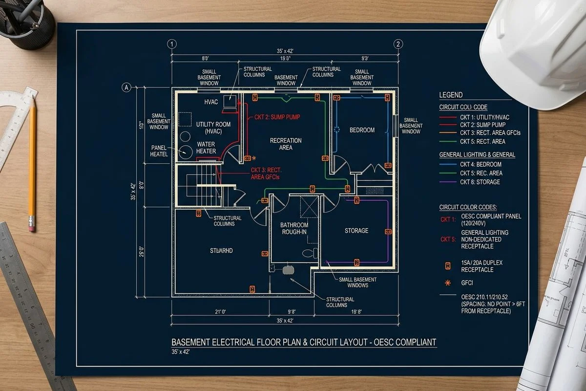 Floor plan with outlet locations, circuits color-coded, code-compliant spacing