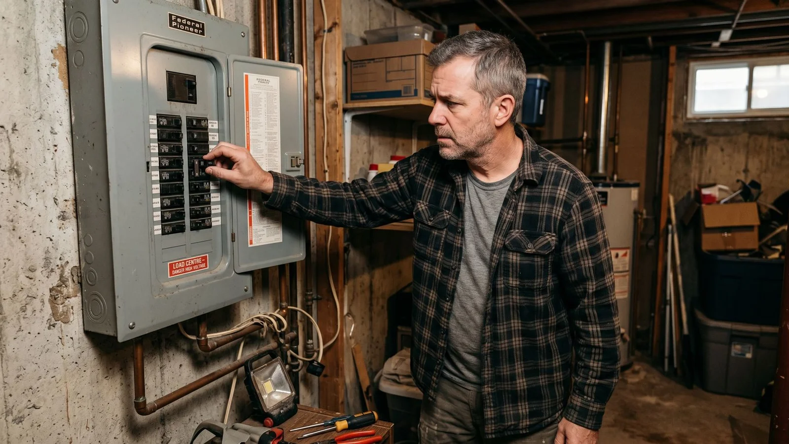Frustrated homeowner at panel resetting a tripped breaker, basement setting