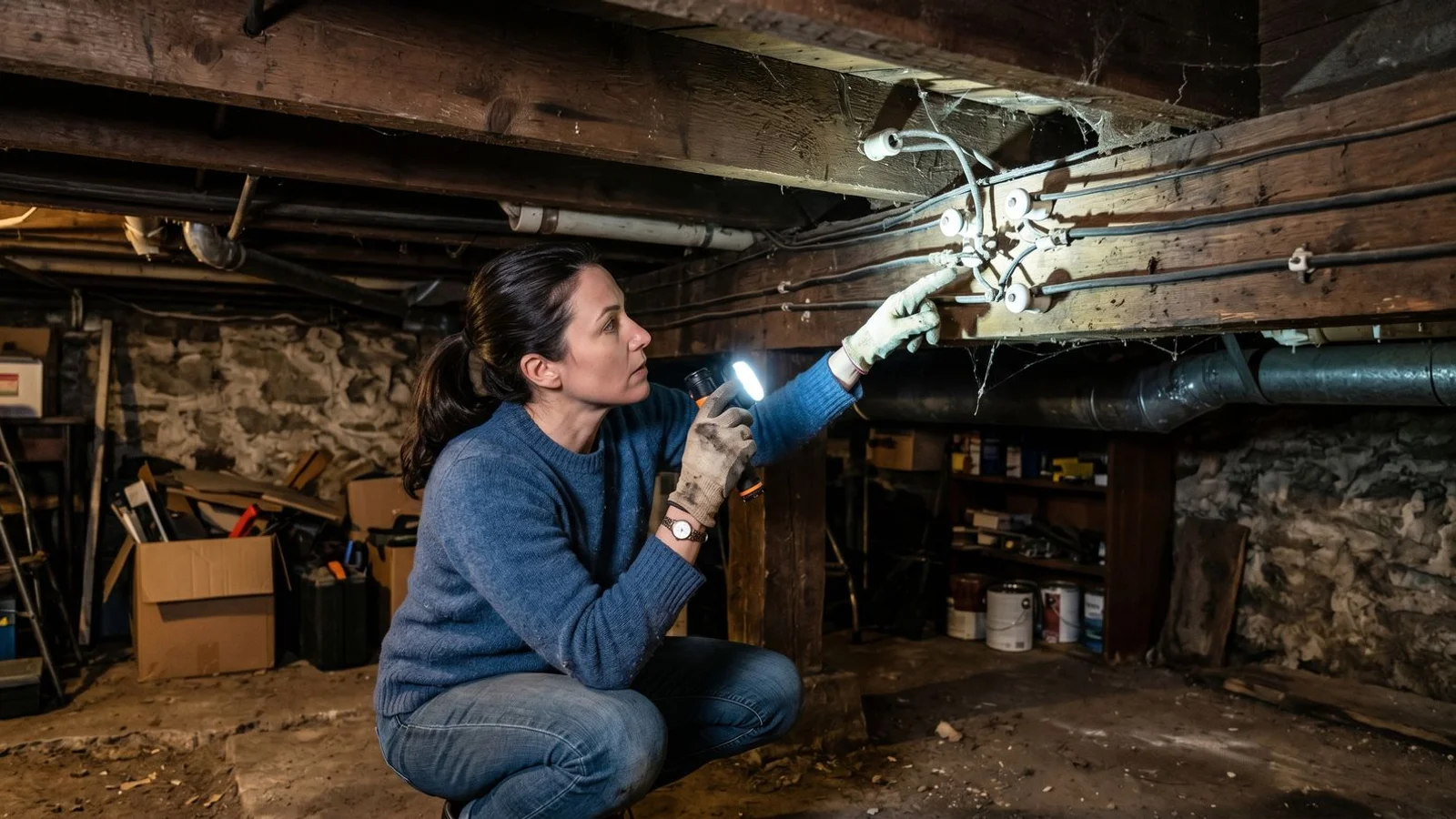 Homeowner with flashlight inspecting basement joists in Toronto Annex home, finding K&T