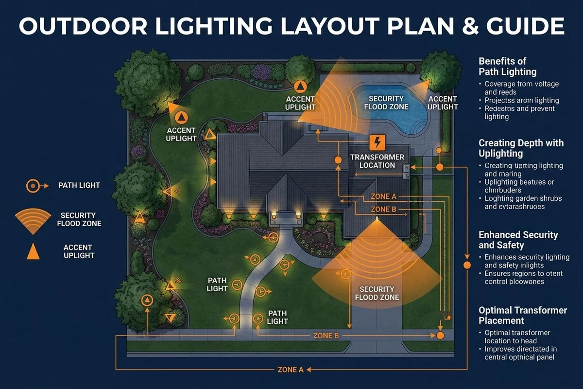 Layout diagram: path lights, accent lights, security flood, transformer location