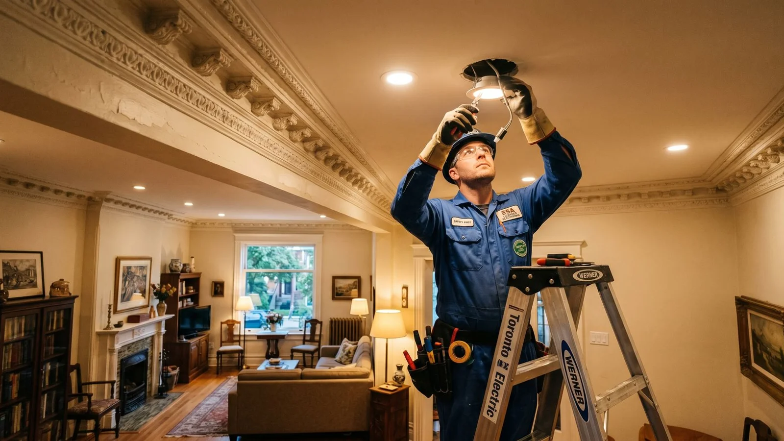 LED pot lights cleanly installed in Toronto Annex Edwardian plaster ceiling, evening shot