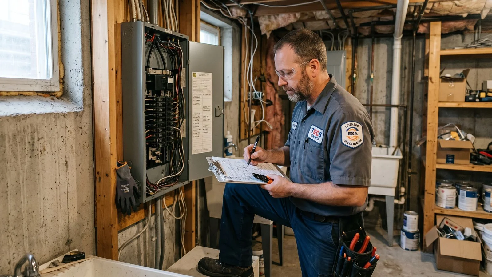 Licensed Toronto electrician inspecting a panel with a clipboard, ESA-marked uniform, daylight