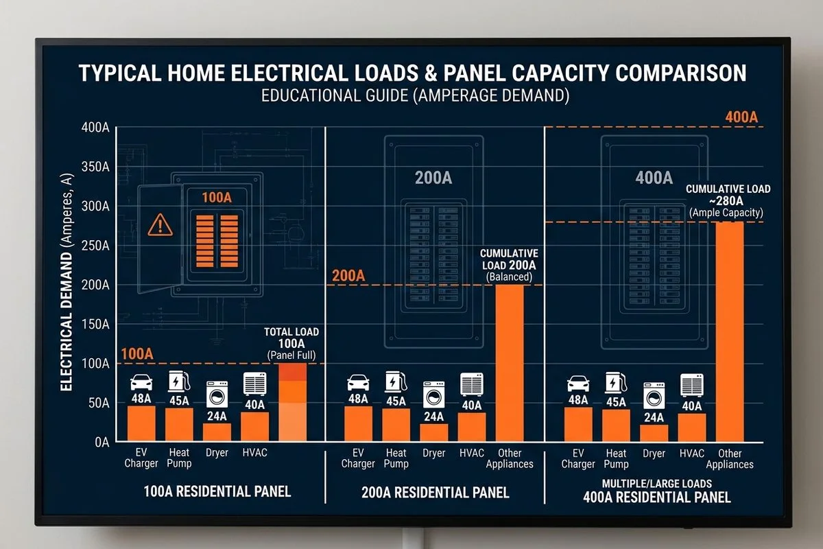 Load comparison chart: typical home loads and which panel handles them