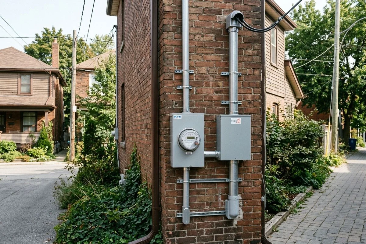Mast and meter side-of-house exterior photo, post-upgrade clean install