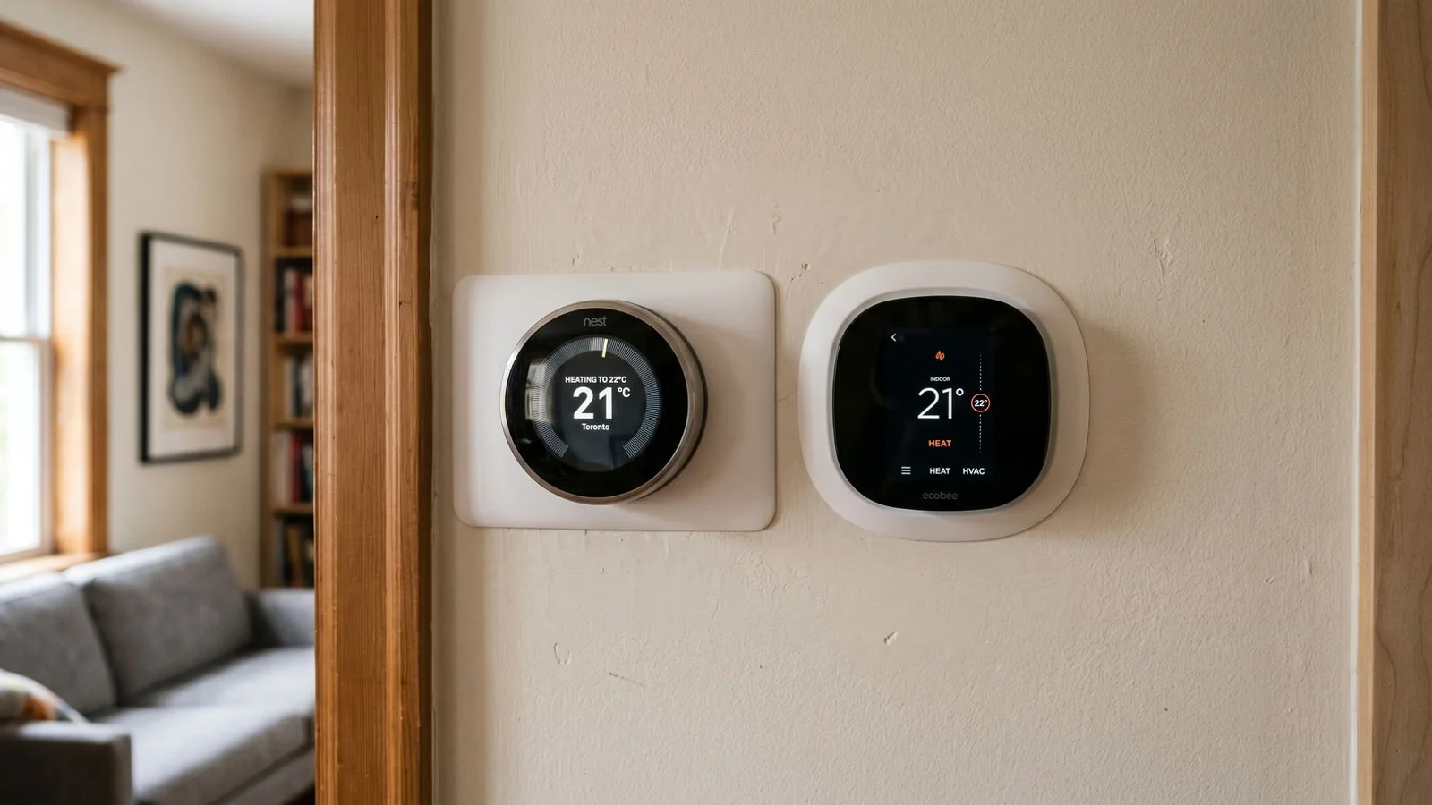 Nest and Ecobee thermostats installed side-by-side on a clean wall in Toronto home, comparison shot