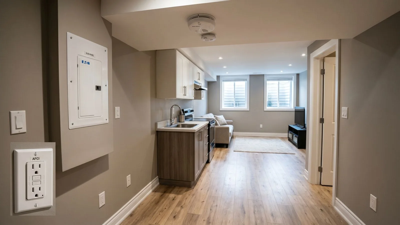 Newly finished Toronto basement legal apartment with separate electrical panel visible