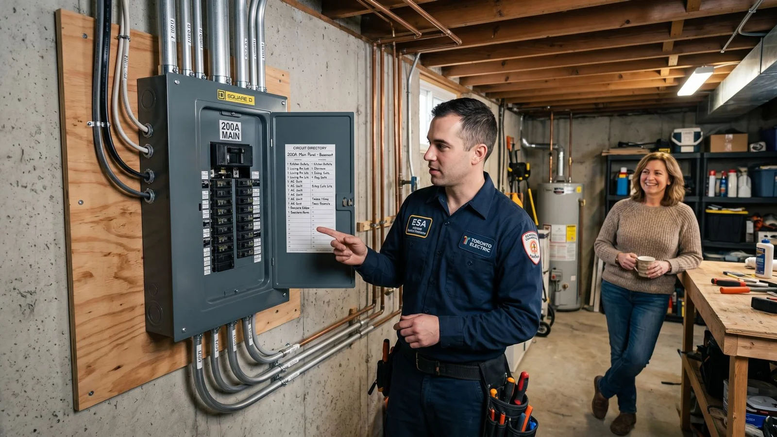 Newly installed 200A panel in Toronto basement, clean conduit work, satisfied homeowner in frame