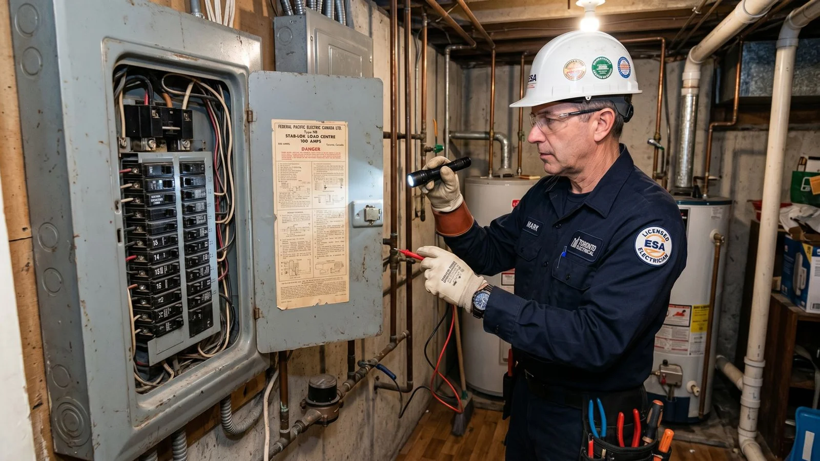 Old Federal Pacific Stab-Lok panel in a Toronto basement, label clearly visible