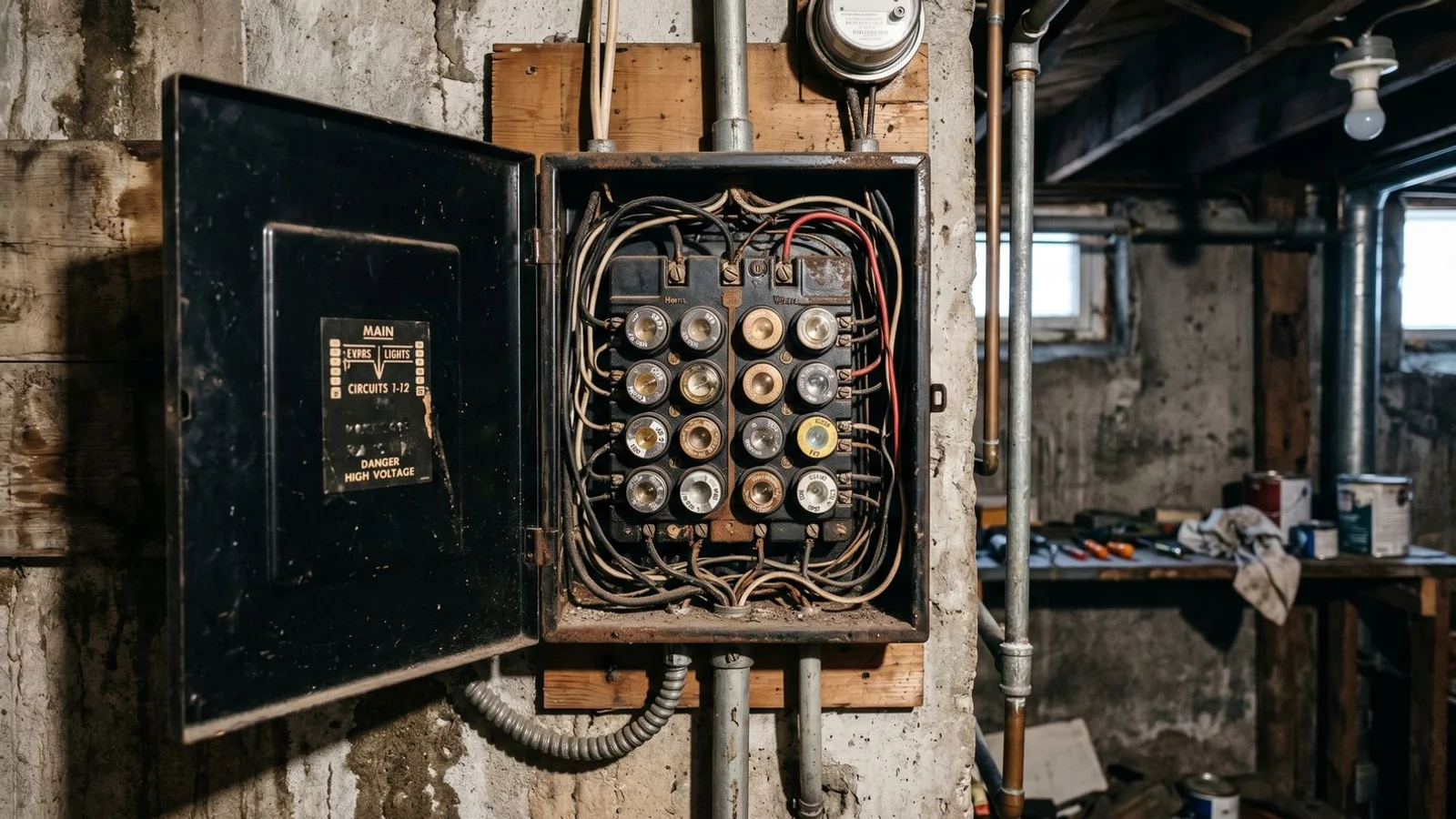 Old Toronto fuse box with screw-in fuses, basement setting, before-replacement photo