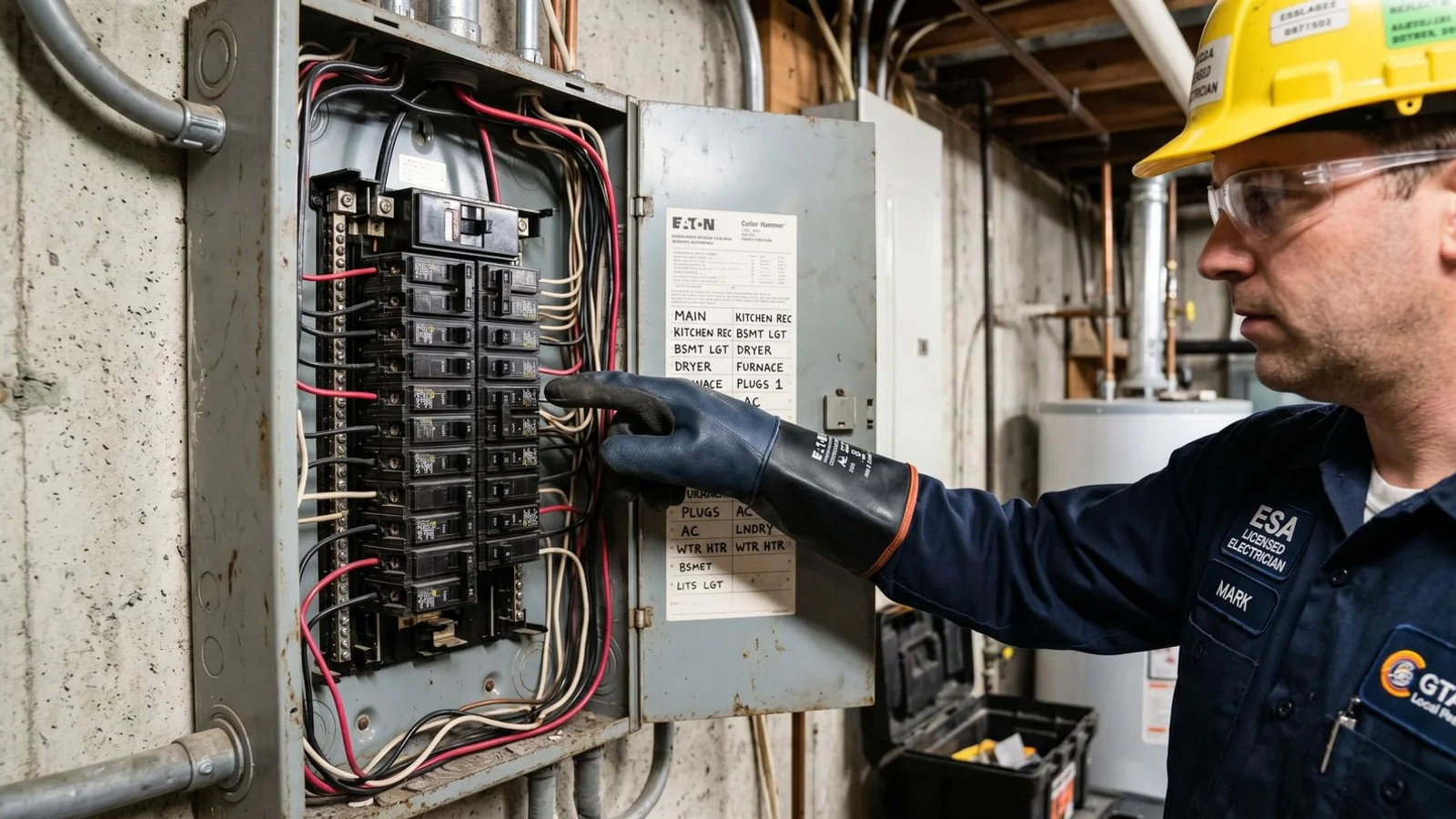 Open Toronto residential panel close-up, breakers labelled, electrician's hand pointing